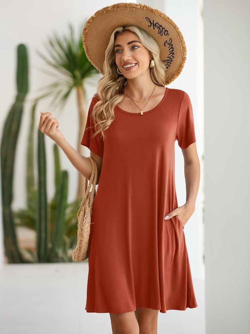 Women's Dark Orange Casual Loose Swing Tunic Short Sleeve Sun Mini Shirt Dress - Picture 3 of 6